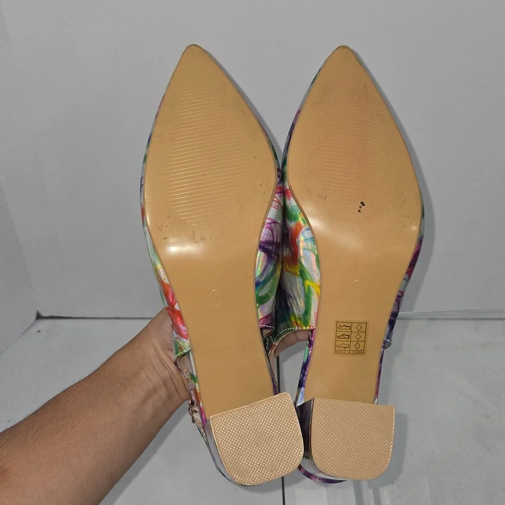 Multicolor Abstract Print Slingback Pumps Pointed Toe Block Heel Shoes Size 42